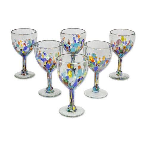 Hand Blown Colorful 8 Oz Wine Glasses Set Of 6 Confetti Festival Novica