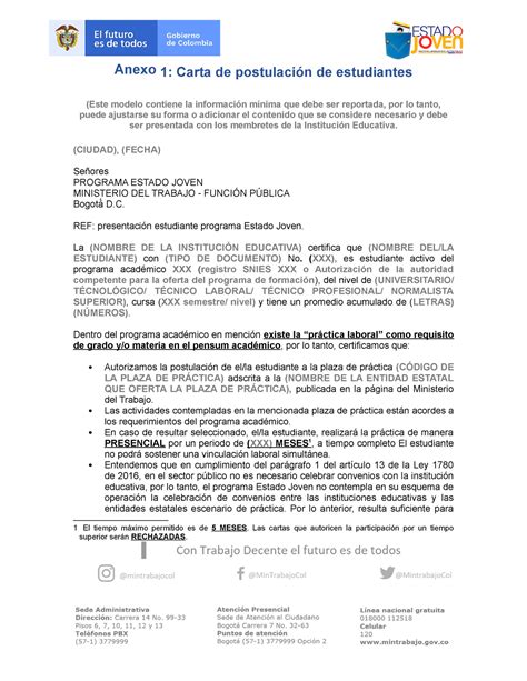 Anexo 1 Carta de postulación CIUDAD FECHA Se渃ores PROGRAMA