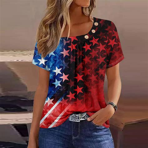 Lttvqm July 4th Spring Tops For Women 2024 Pleated Button Decoration Square Neck Short Sleeve T