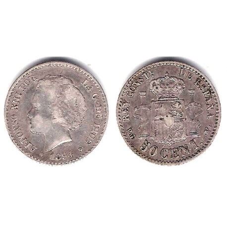 Alfonso XIII 1894 9 4 50 Céntimos MBC Plata Ceca de Madrid PG