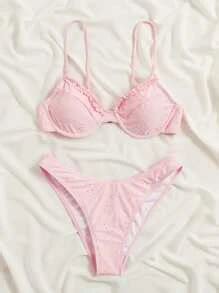 Swim Mod Summer Beach Frill Trim Eyelet Embroidery Push Up Bikini Bikini Rosapink Bikinigirl