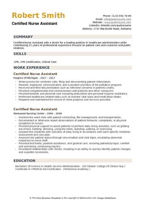 Certified Nurse Assistant Resume Samples Qwikresume