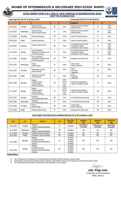 Bise Bannu Board Ssc Th Th Annual Exams Ii Date Sheet