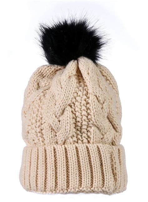 Yacht Smith Women S Beige Cable Knit Pom Pom Beanie Hat Winter