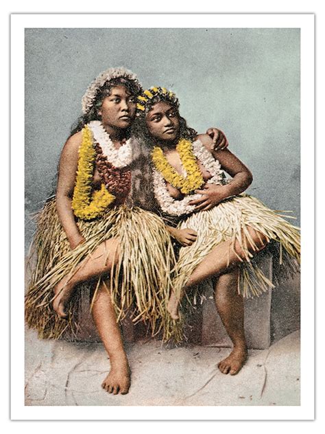 Hawaiian Beauties Two Native Girls In Grass Skirts And Flower Leis