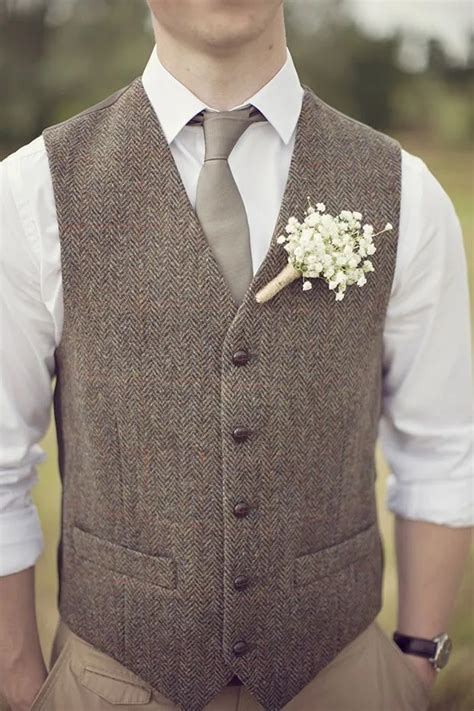 2018 British Style Brown Wool Tweed Vest Men S Suit Vest Slim Fit Groom