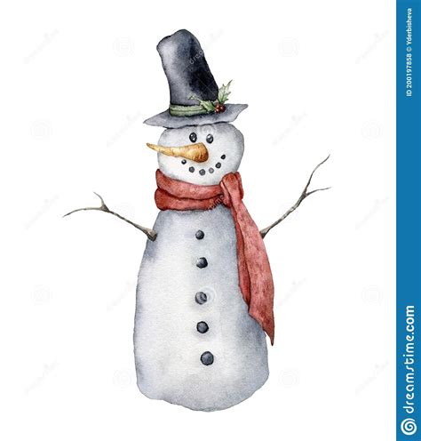 Watercolor Snowman Hand Painted Christmas Illustration With Hat Scarf