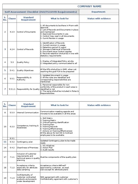 Isots16949 Self Audit Checklist Calibration Authentication