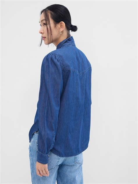 Puff Sleeve Denim Western Shirt With Washwell Gap Factory