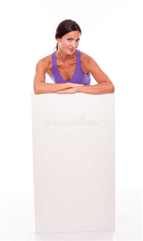 Healthy Smiling Brunette Behind Blank Placard Stock Image Image Of