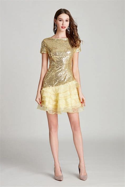 Modest Short Sequined Organza Gold Prom Dress Sparkly For Woman 49