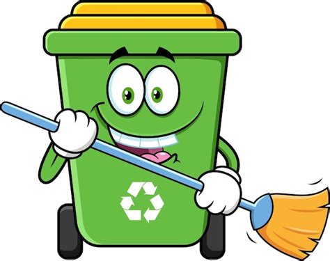 Premium Vector Green Trash Bin Cartoon Character Cleaning With Broom