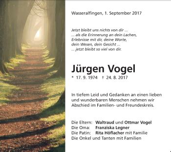 Traueranzeigen von Jürgen Vogel OstalbTrauer