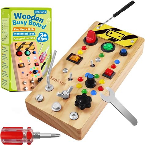 Tenfans Wooden Montessori Busy Board With Led Light Switch