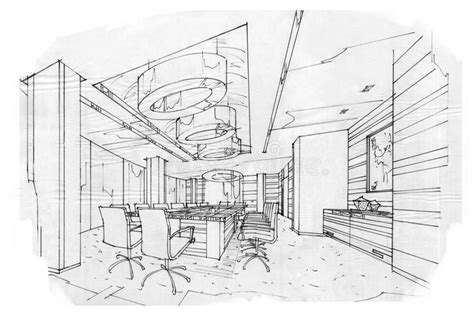 Download Sketch Perspective Interior Meeting Room , Black And White Interior Design. Stock Il ...