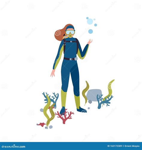 Scuba Diving Flat Vector Illustration Female Diver At Ocean Bottom