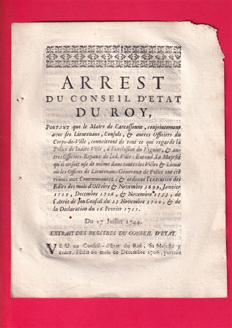 ARREST DU CONSEIL D ETAT DU ROY PORTANT Que Le Maire De Carcassonne