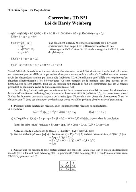 Correction entier TD GDP TD Génétique Des Populations Corrections TD