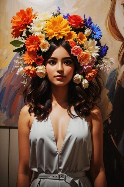 Une Femme Avec Des Fleurs Dans Les Cheveux Se Tient Devant Un Tableau