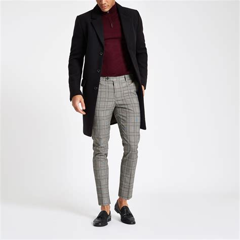 Mens River Island Grey Check Super Skinny Crop Fit Trousers Pants