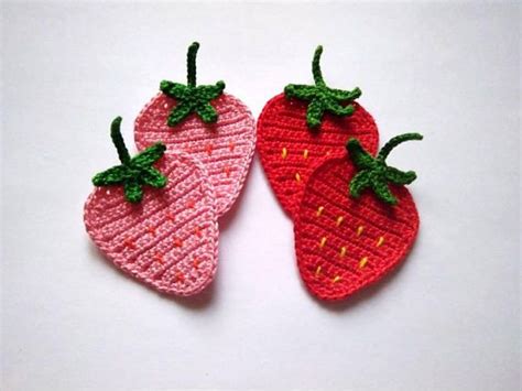 Crochet Strawberry Applique 2pcs Red Strawberry Motif Pink Strawberry