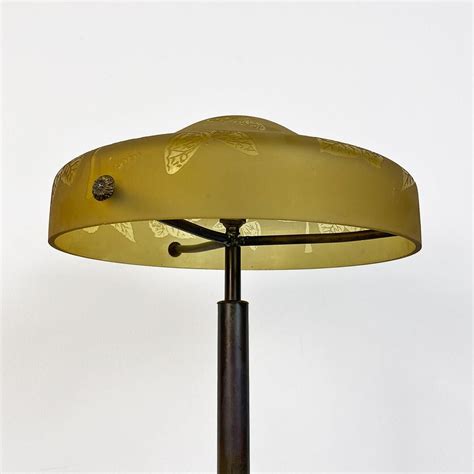 French Art Deco Decorate Glass And Burnished Brass Table Lamp By Deveau