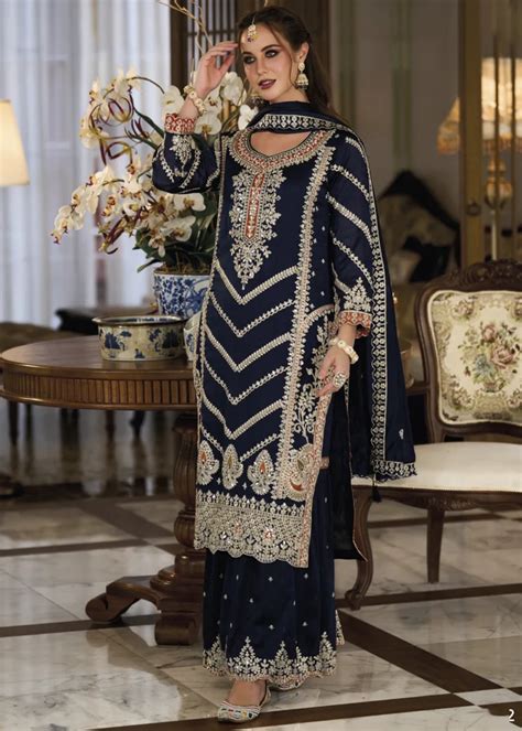 Embroidered Navy Blue Silk Sharara Suit Urban Womania