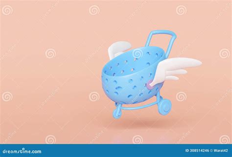 3d Empty Blue Shopping Carts Or Basket With Wing Isolated On Orange