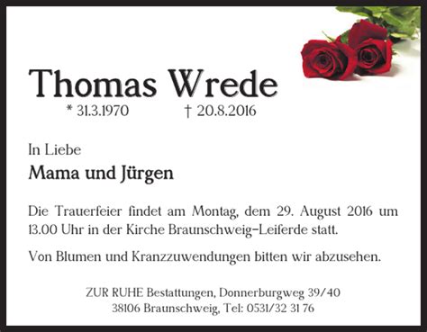 Traueranzeigen Von Thomas Wrede Trauer38 De