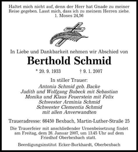 Traueranzeigen Von Berthold Schmid Saarbruecker Zeitung Trauer De