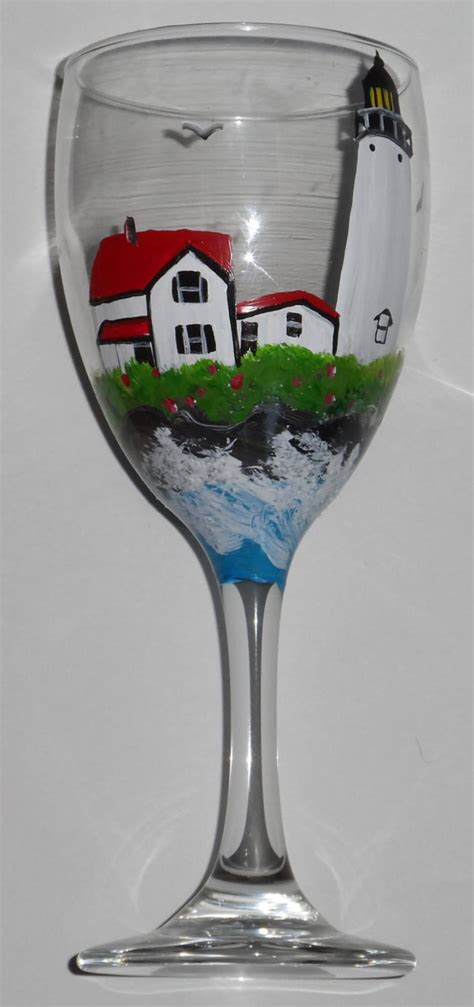 Lighthouse Wine Glass Lighthouse Art Hand Painted Wine Glass Maine Art Lighthouse Wine