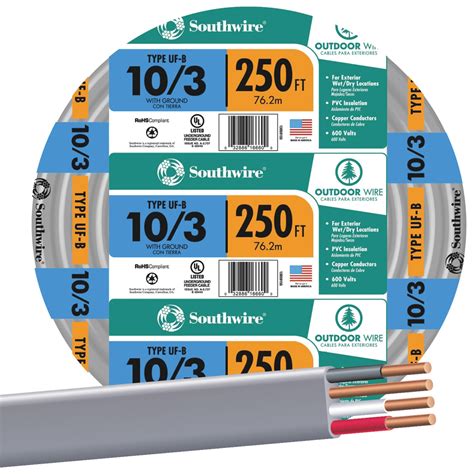 Southwire 13059155 UF-B Underground Feeder Cable, 10/3 AWG, 250 ft ...