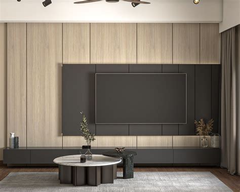 Spacious Tv Cabinet With Wooden Grain Back Panelling Livspace