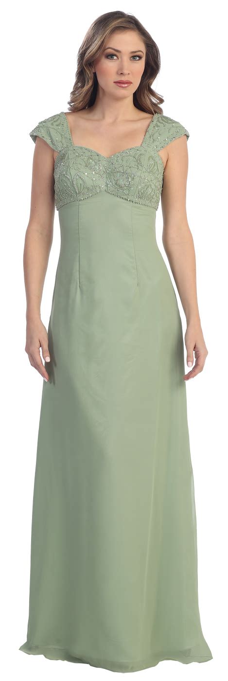 Modest Sage Green Long Mother Of The Bride Dress Cap Sleeves Beading 14799 Wedding Guest