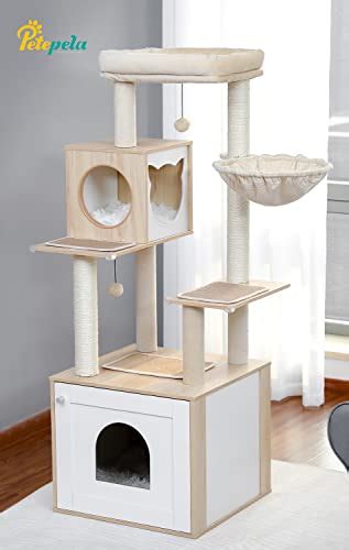 PETEPELA Modern Cat Tree Wood Cat Tower With Storage Cabinet Litter Box