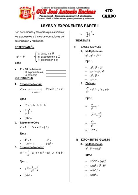 Leyes Cuarta Actividad Leyes Y Exponentes Parte I Son Definiciones Y