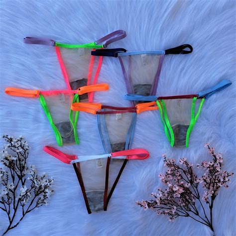 Kit Lingerie 5 Calcinhas Sexy Tanga Neon Em Tule Transparente Bicolor