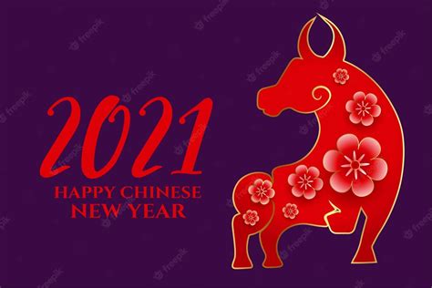 Free Vector Happy Chinese New Year 2021 Of Ox With Flowers