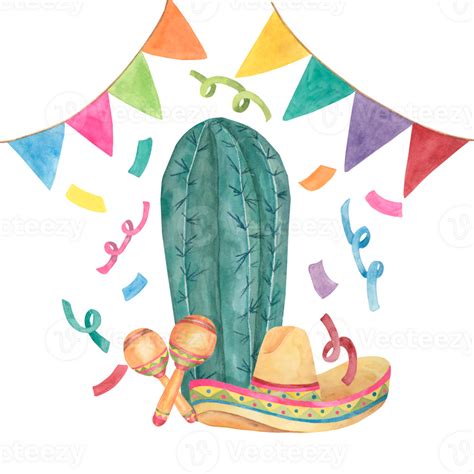 Cactus Con Sombrero Papel Picado Y Maracas Acuarela Ilustraci N De