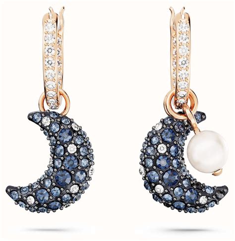 Swarovski Luna Asymmetrical Drop Earrings Rose Gold Tone Plated Blue And White Crystals 5671569