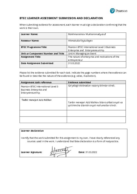 Doc Btec Learner Assessment Submission And Declaration When Submitting Evidence For Assessment