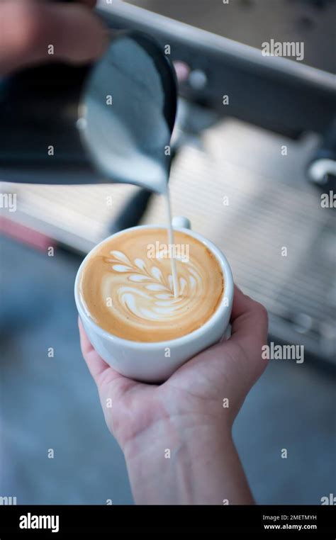 Pouring A Rosetta Latte Art Step 3 Stock Photo Alamy