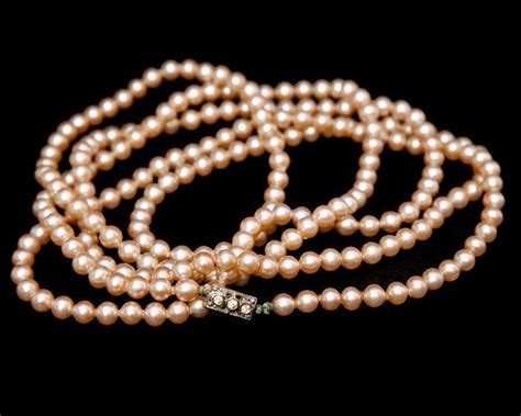 Vintage Pearl Necklace Champagne Color Glass Jewel Box Clasp 58 Inch