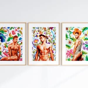 Nude Male With Spring Flowers Three Gay Wall Art Prints Best Gift For Gay Erotic Queer Wall