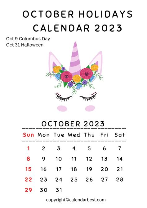 October Holidays Calendar 2023 – Printable Template in PDF