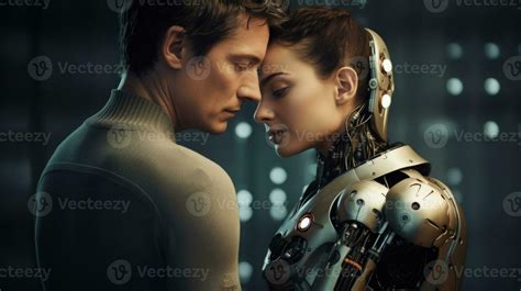 Female android robot and man. Love between artificial cyborg and real ...