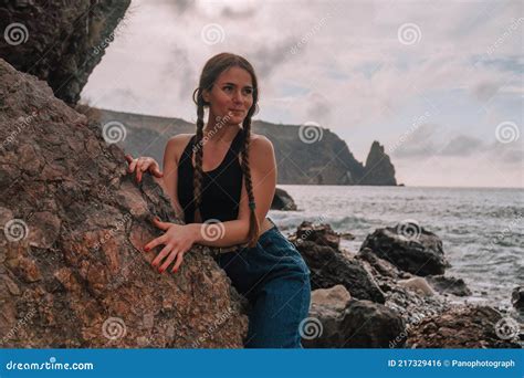 Selective Focus Happy Carefree Sensual Woman With Long Hair In Black