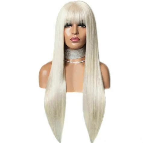 Rongduoyi Platinum Blonde Long Straight Hair Wig Synthetic Lace Front Wigs For Women With Bangs