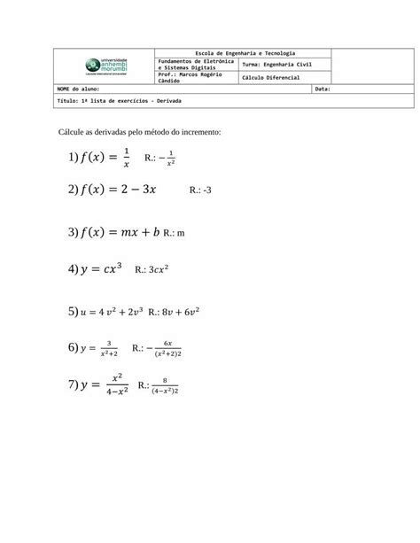 Pdf 1a Lista De Exercícios Derivada Dokumen Tips