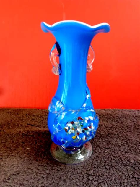 Ancien Petit Vase Soliflore Verre Murano Deco Bleu Vintage Pour Vitrine